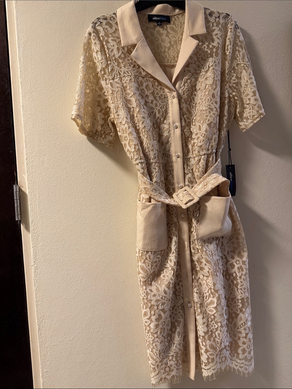 Alice Blue Cream Lace Midi Dress with Belted Waist